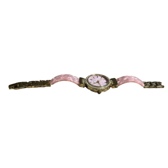 Pink Watch Accutime Marbleized Resin Gold Stainless Steel Diamonds - Picture 6 of 8